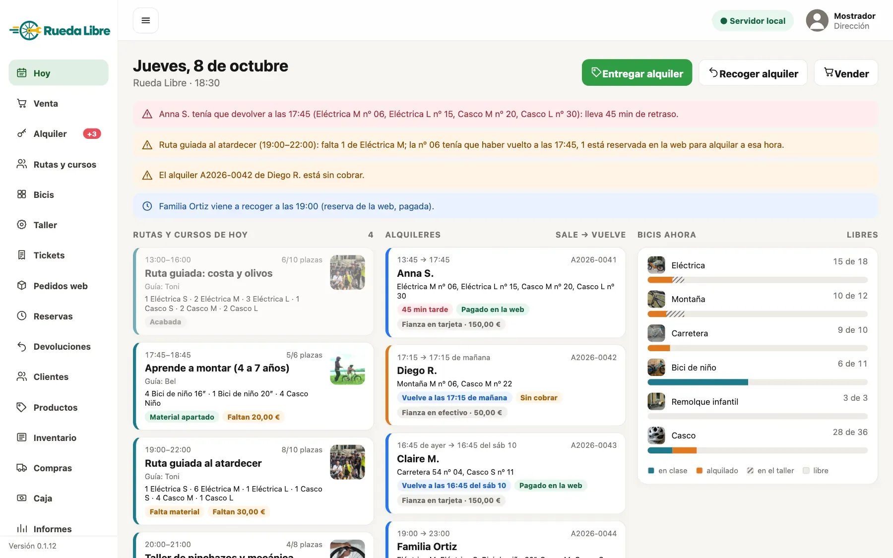 Pantalla Hoy de GestorTPV en una tienda de bicis: un alquiler con retraso, las rutas del día, los alquileres y las bicis libres