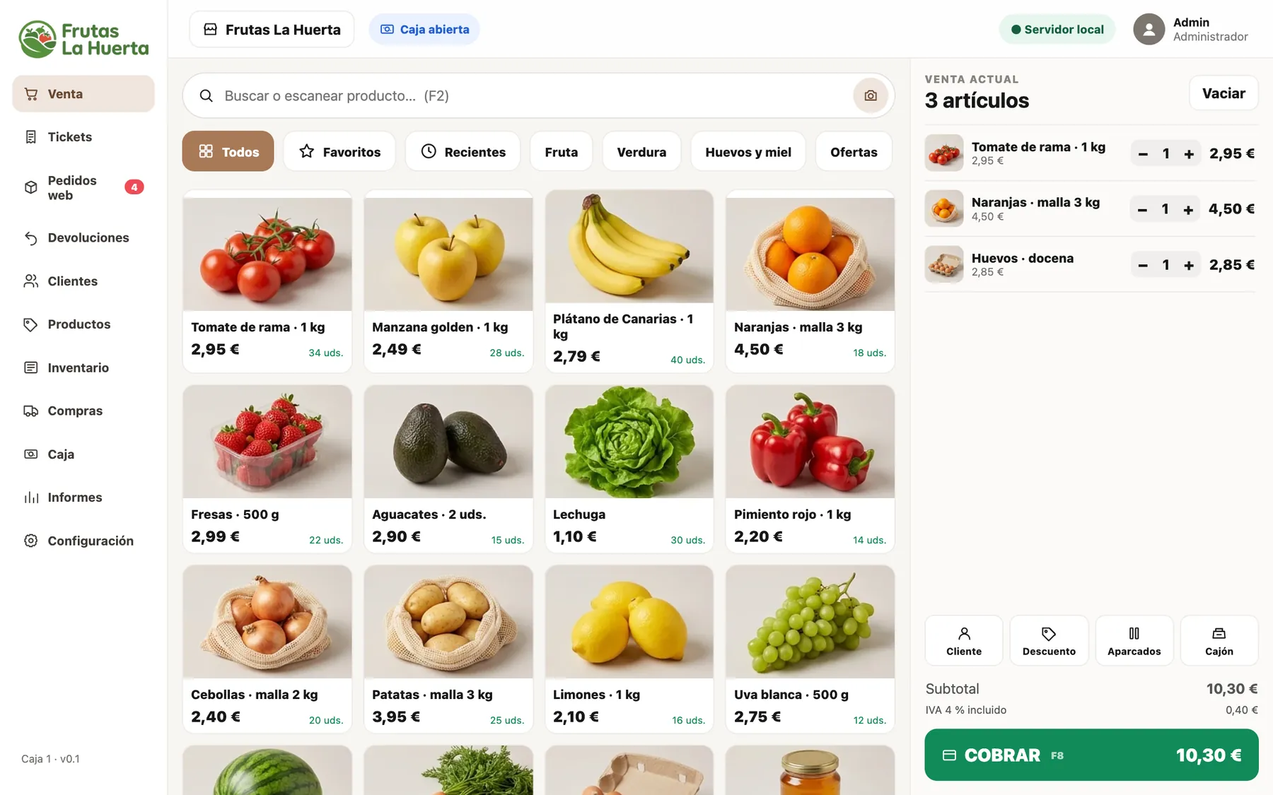 Pantalla de venta de GestorTPV en una frutería de ejemplo: fruta y verdura por unidad, bandeja o malla, con el IVA del 4 %