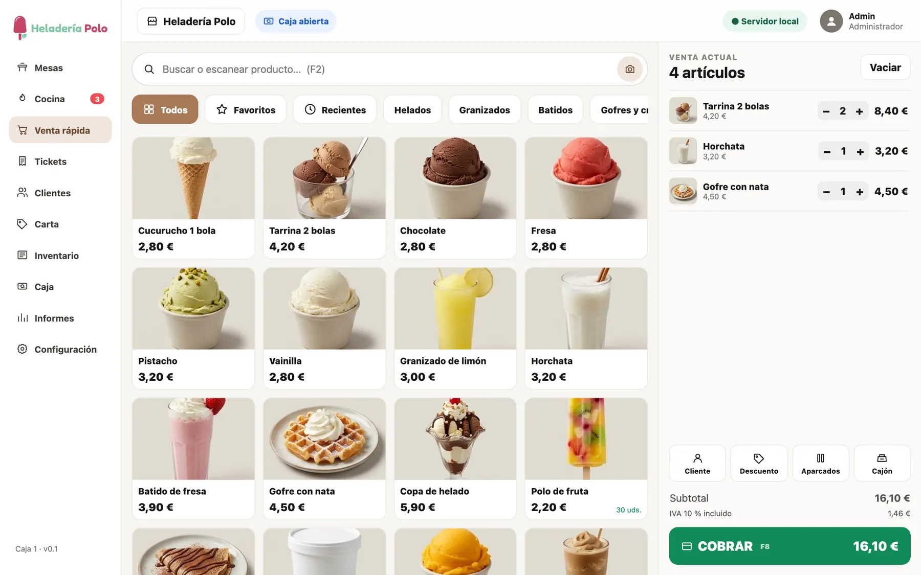 Venta rápida de GestorTPV en una heladería de ejemplo: helados, granizados, batidos y gofres con su foto y su precio