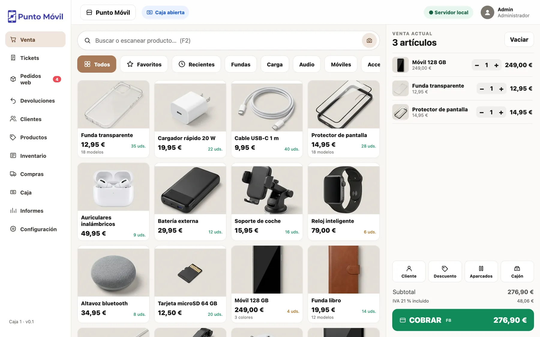 Pantalla de venta de GestorTPV en una tienda de móviles de ejemplo: fundas, cargadores y móviles con sus modelos y su stock