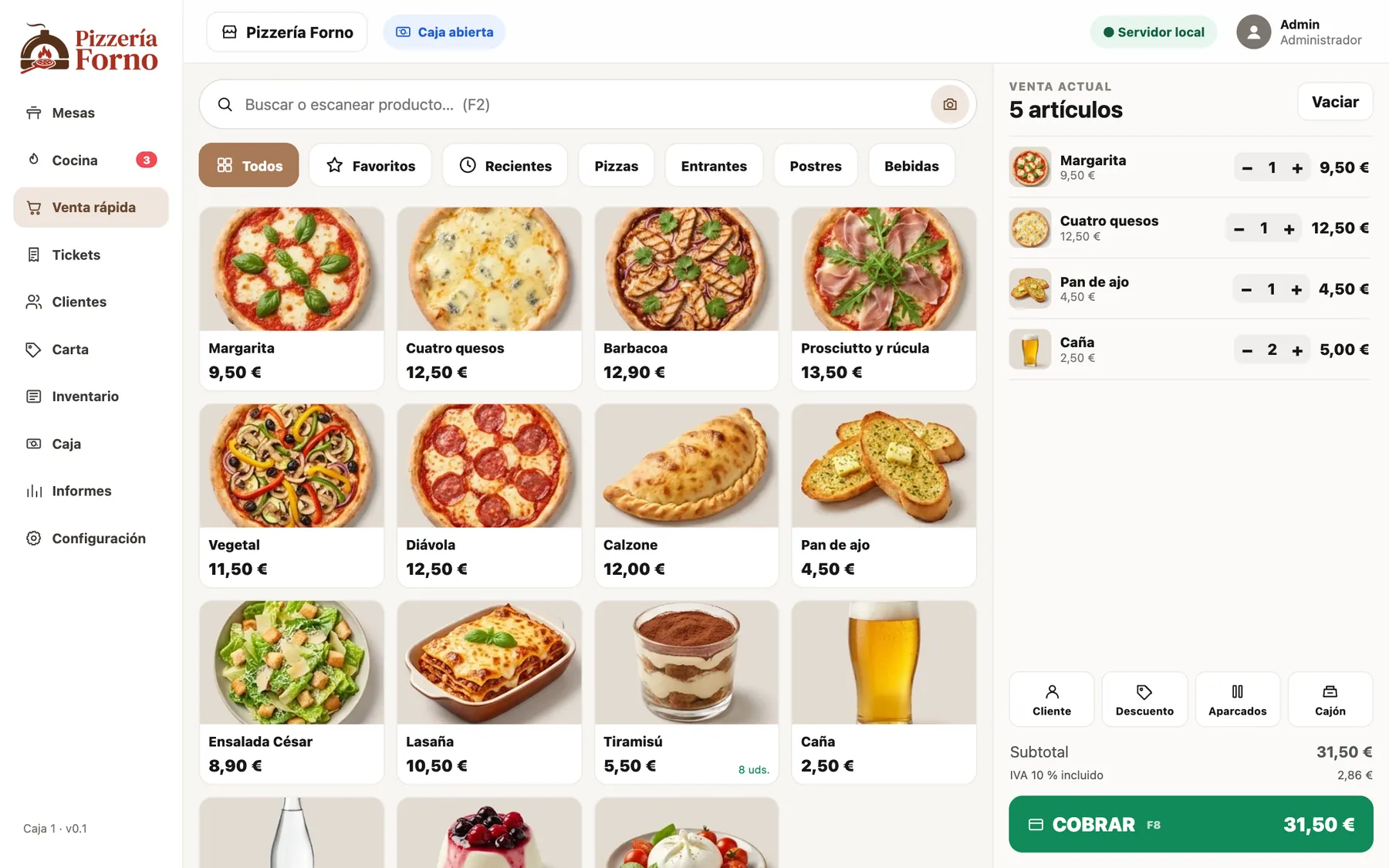 Venta rápida de GestorTPV en una pizzería de ejemplo: pizzas, entrantes, postres y bebidas con su foto y su precio