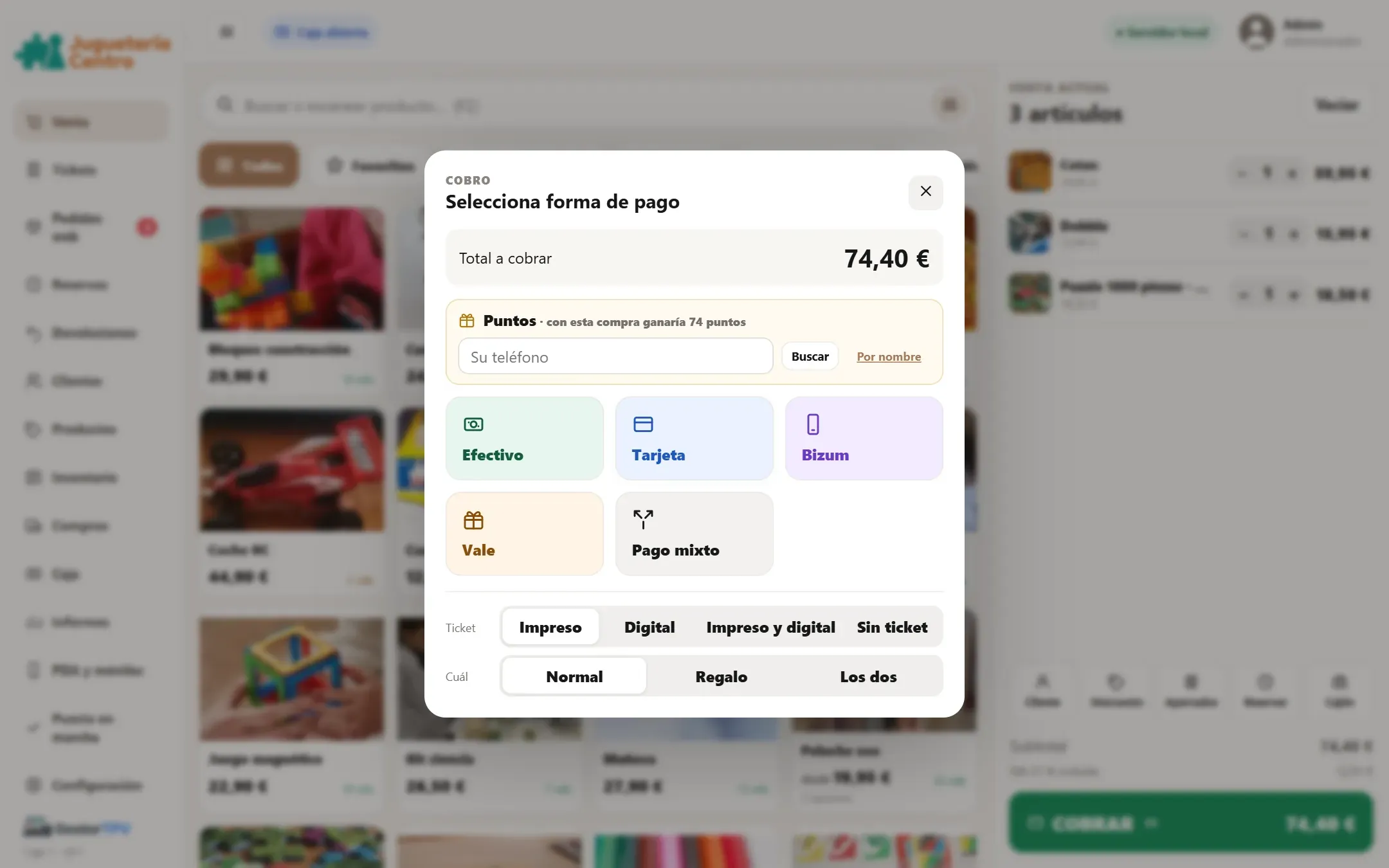 Cobro en GestorTPV: efectivo, tarjeta, Bizum, vale o pago mixto, y ticket impreso, digital o de regalo