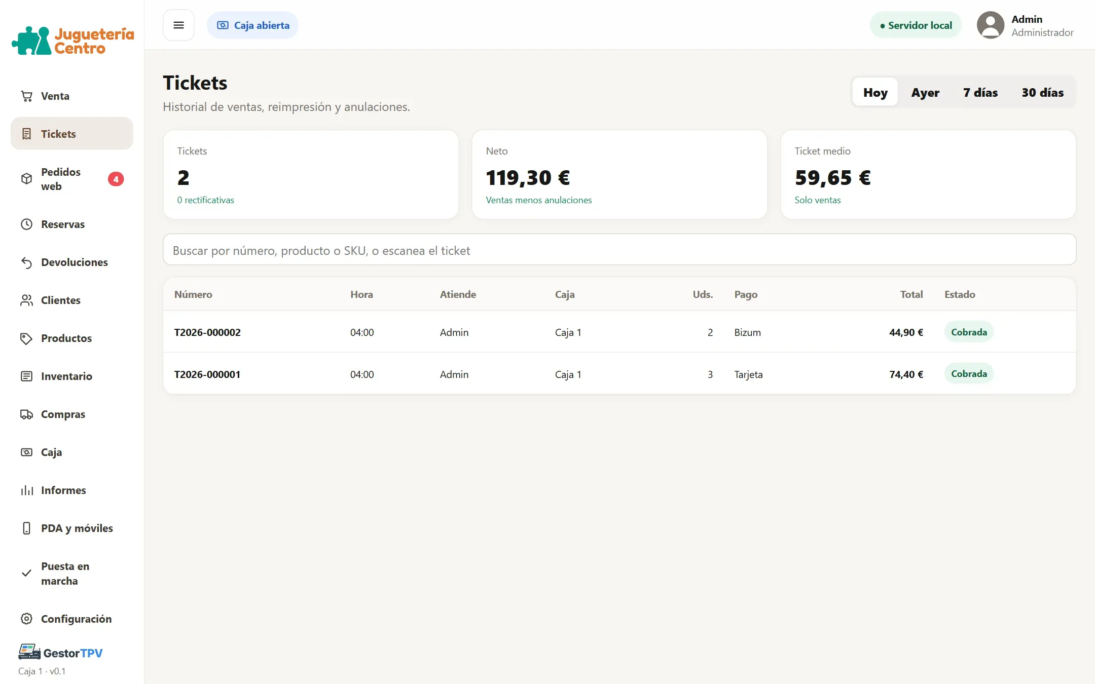 Lista de tickets de GestorTPV con su número, la forma de pago y el total, y la búsqueda por número o producto